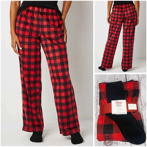 Sleep Chic Flannel Black and Red Gingham Pajama Pants and Socks Large - Picture 1 of 9